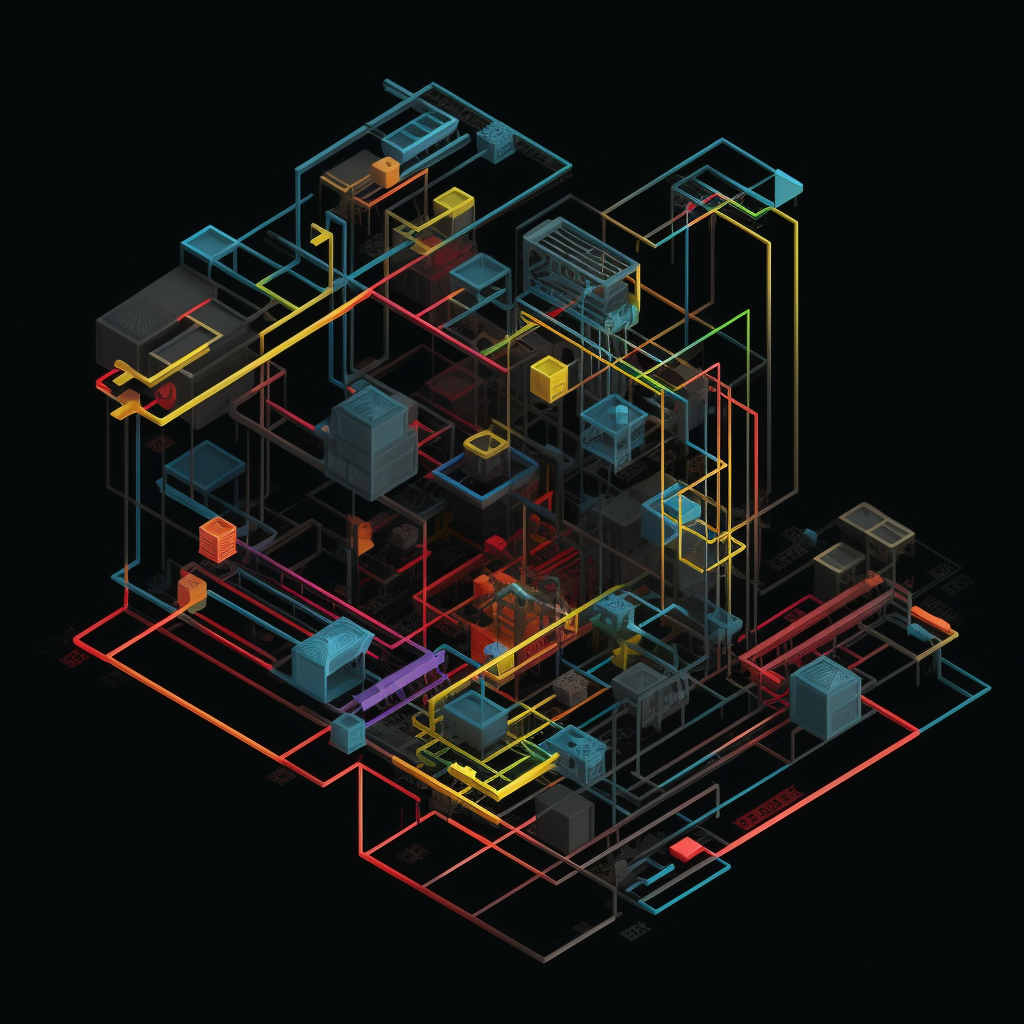 Isometric exploded diagram of complex machine