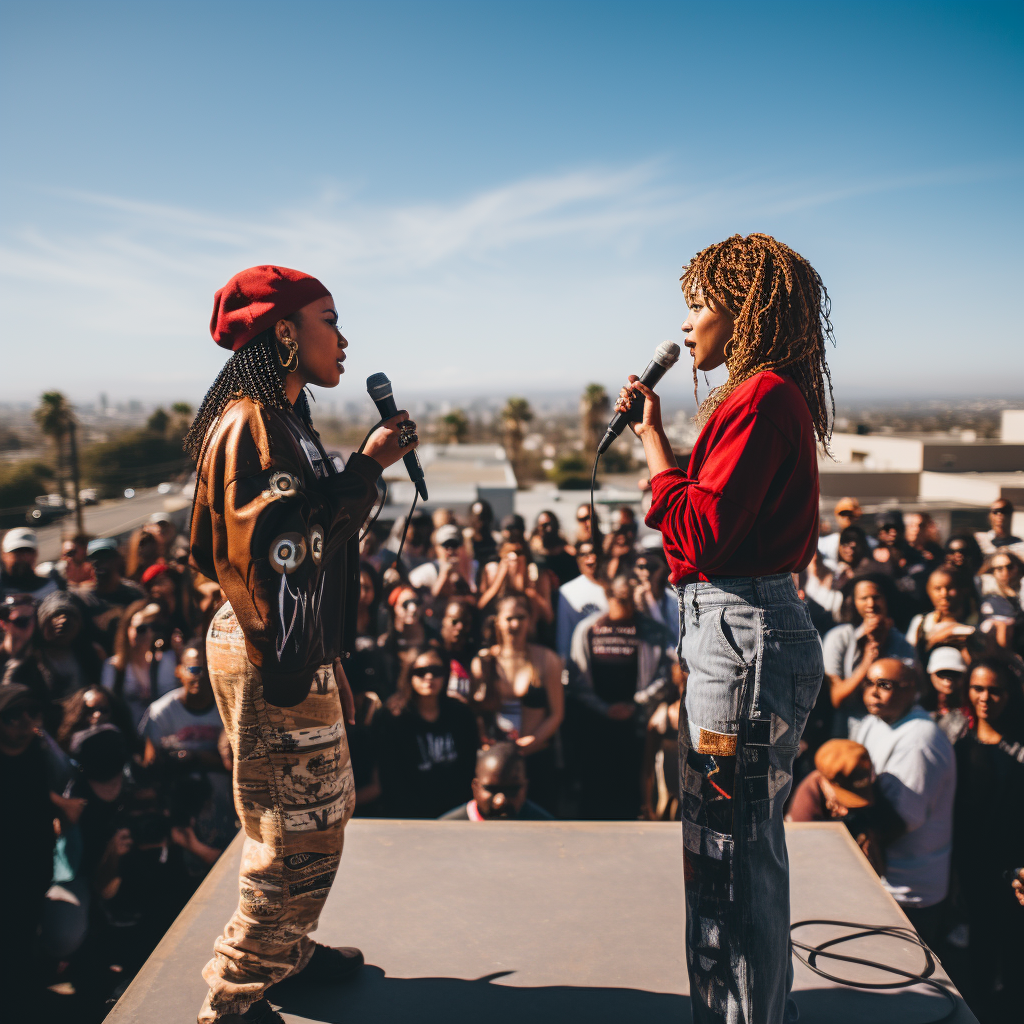 Two African American female rappers in Compton-style attire