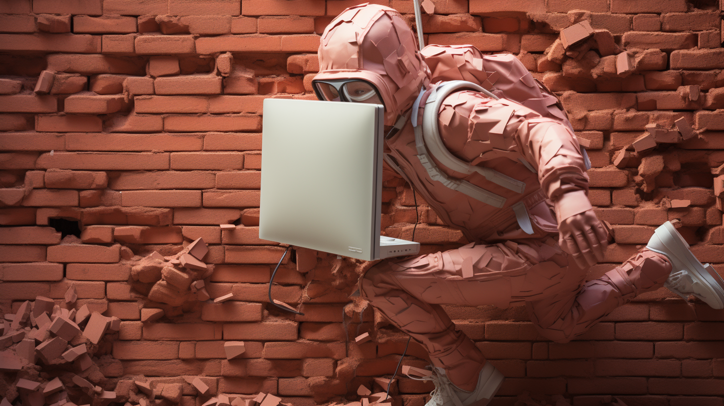 Computer with arms and legs coming out of red brick wall