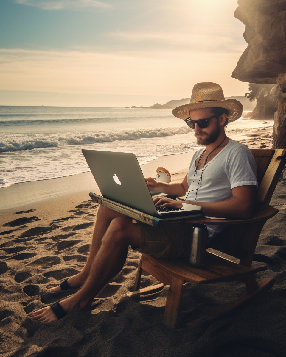 Woman working on laptop at beach