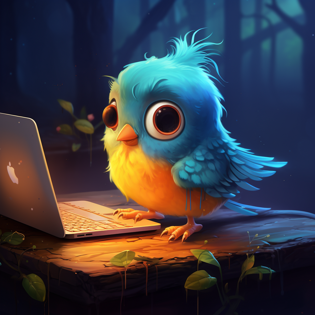 Cute bird character playing on computer