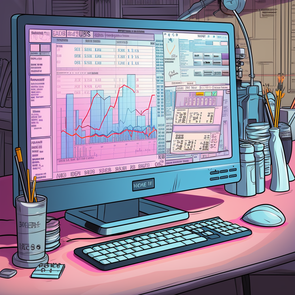 Computer showing marketing metrics in comic book style