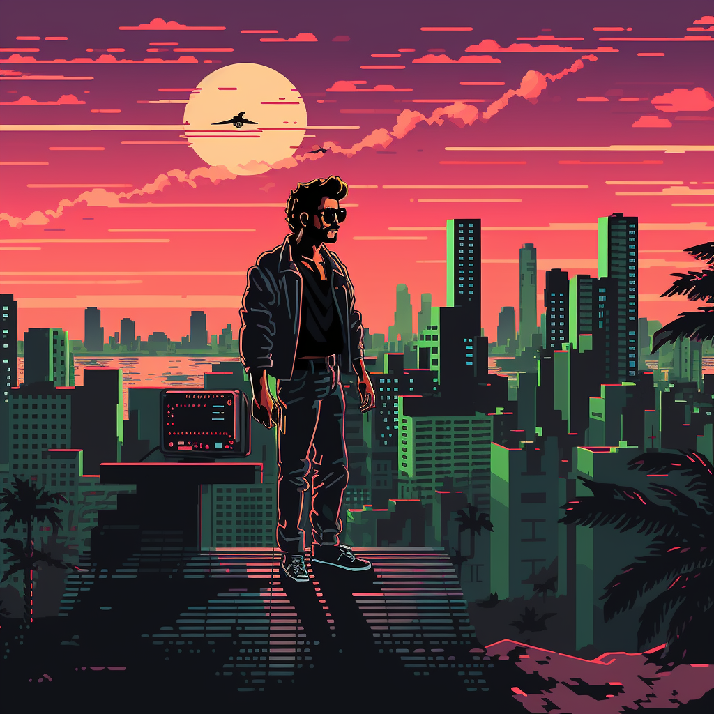 Pixel art of computer nerd in 80s Miami