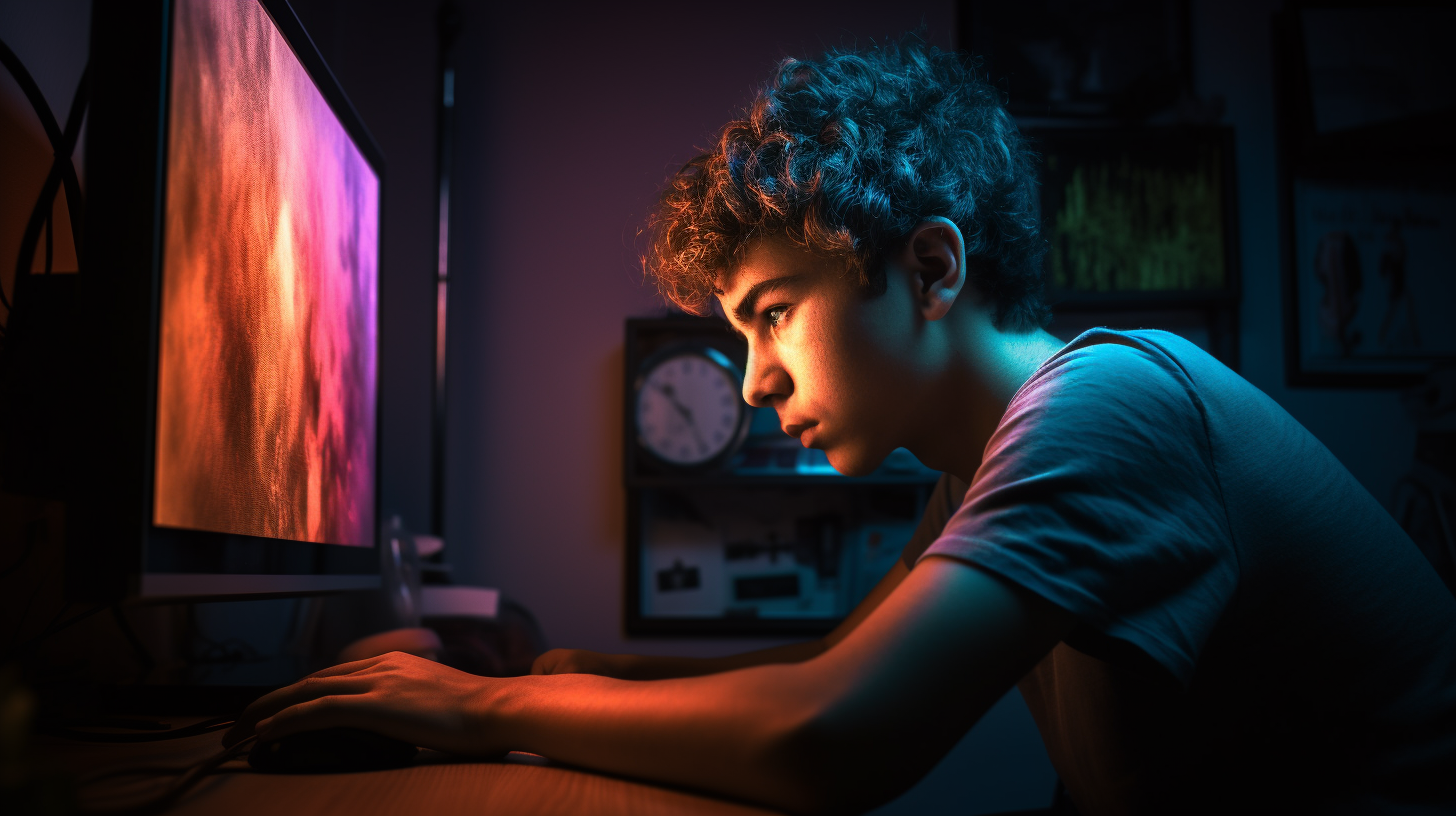 Teenager playing computer game