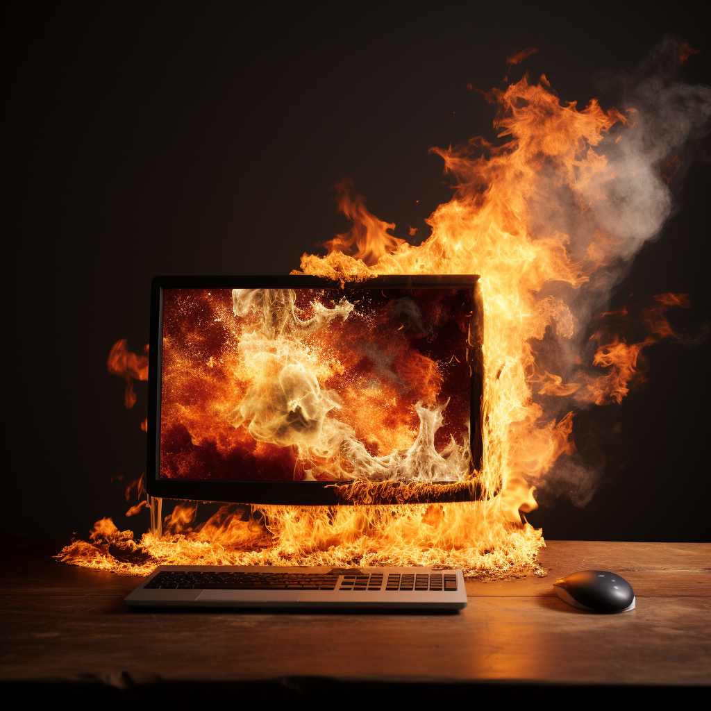 Computer on fire with error message