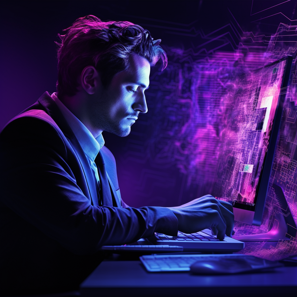 Businessman looking at computer with neon purple graphic