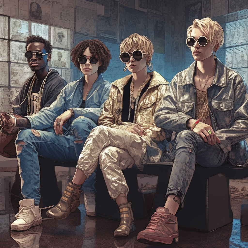 Five con artists in currency jackets and sunglasses