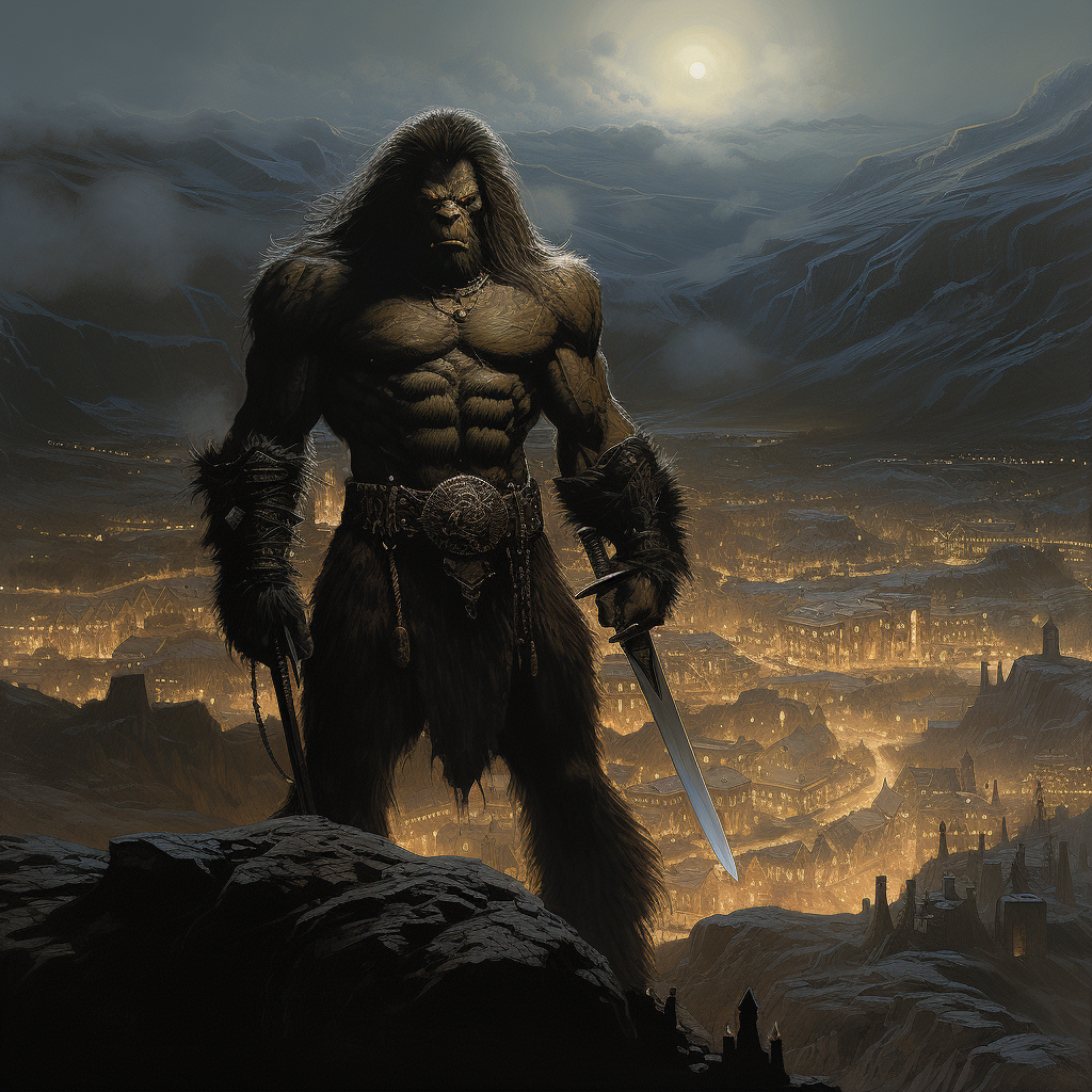 Conan the Barbarian as Bugbear wielding a deadly glaive