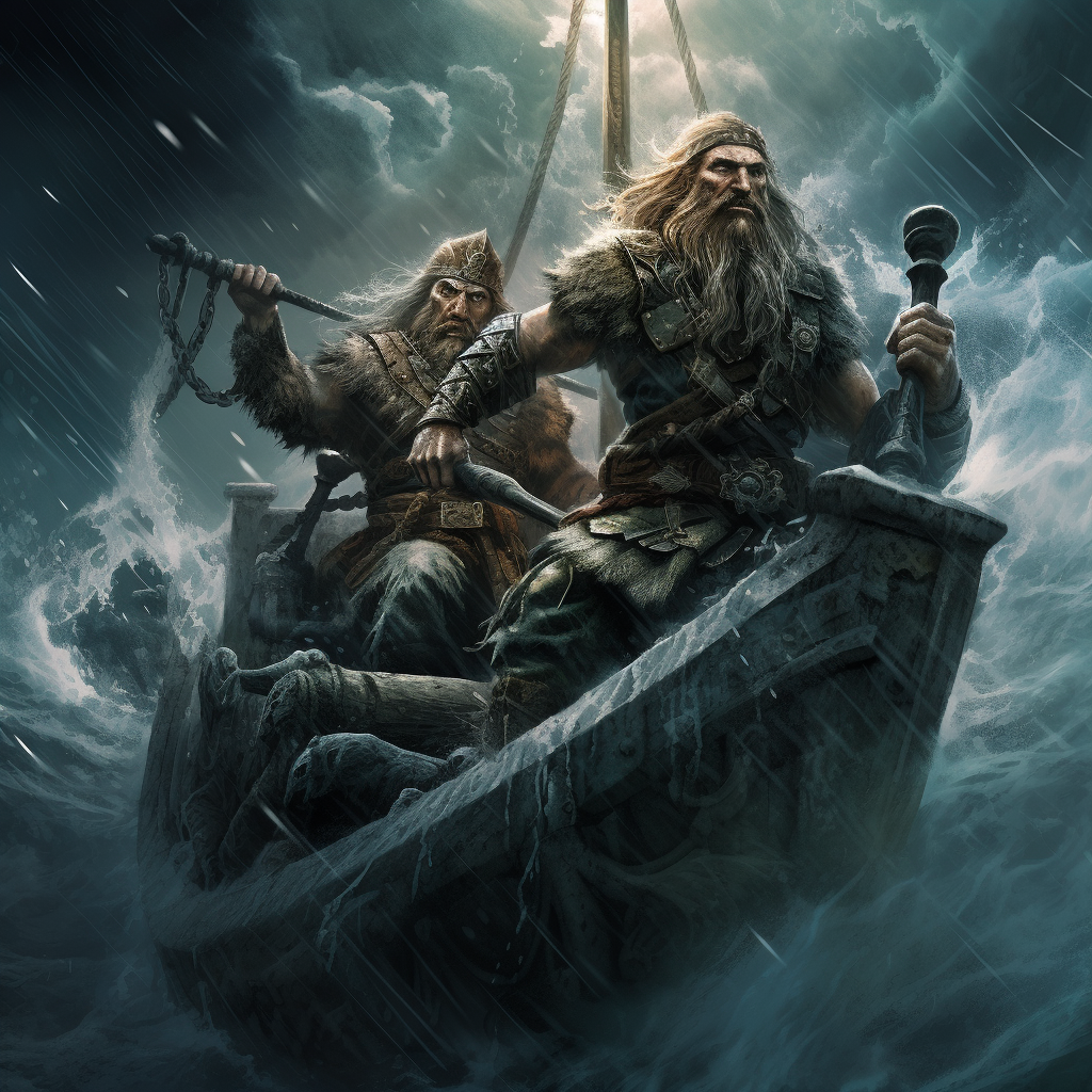 Two Conan Barbarians in Viking Ship