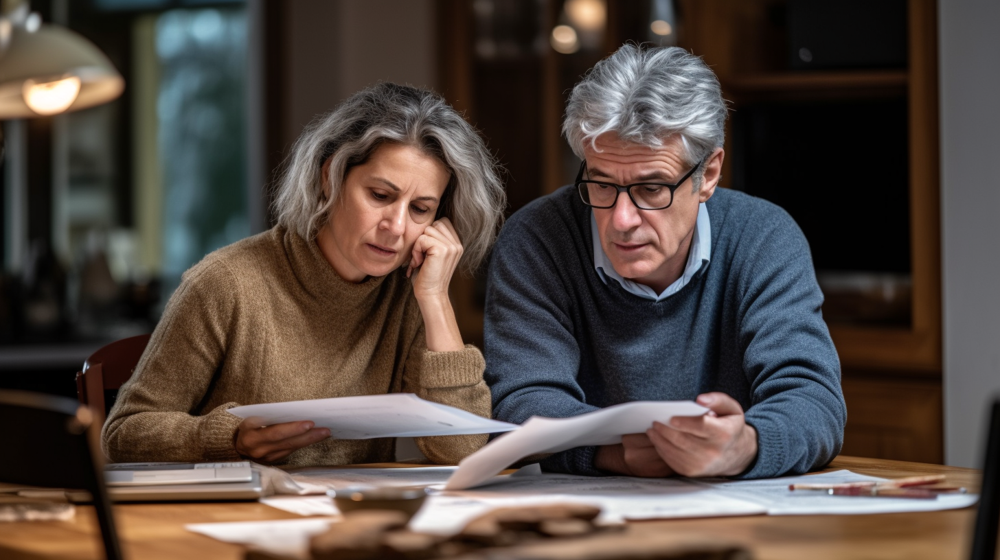 Worried couple reviewing financial papers at table