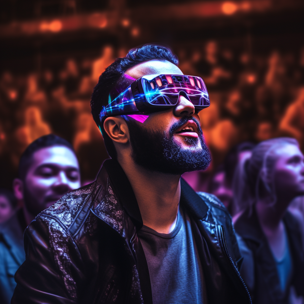 Audience member wearing mixed reality glasses at concert