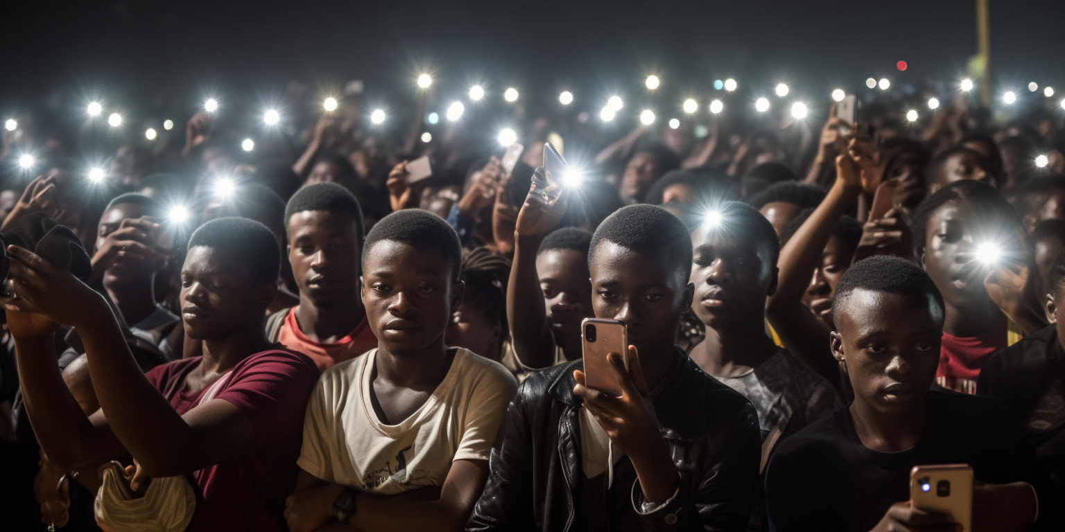 Young Black Youth at Concert Using Mobiles as Lighters