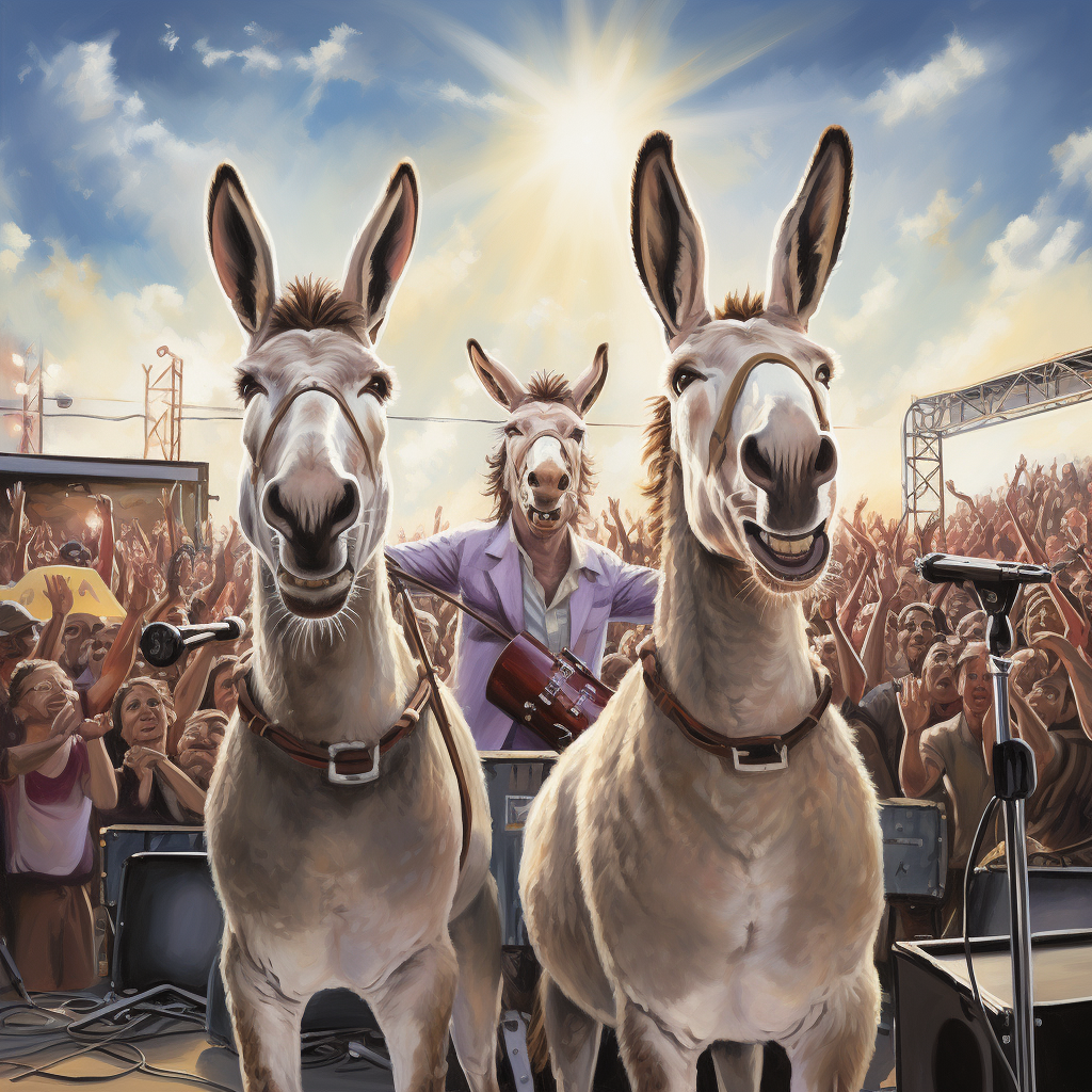 Smiling donkeys performing at outdoor concert