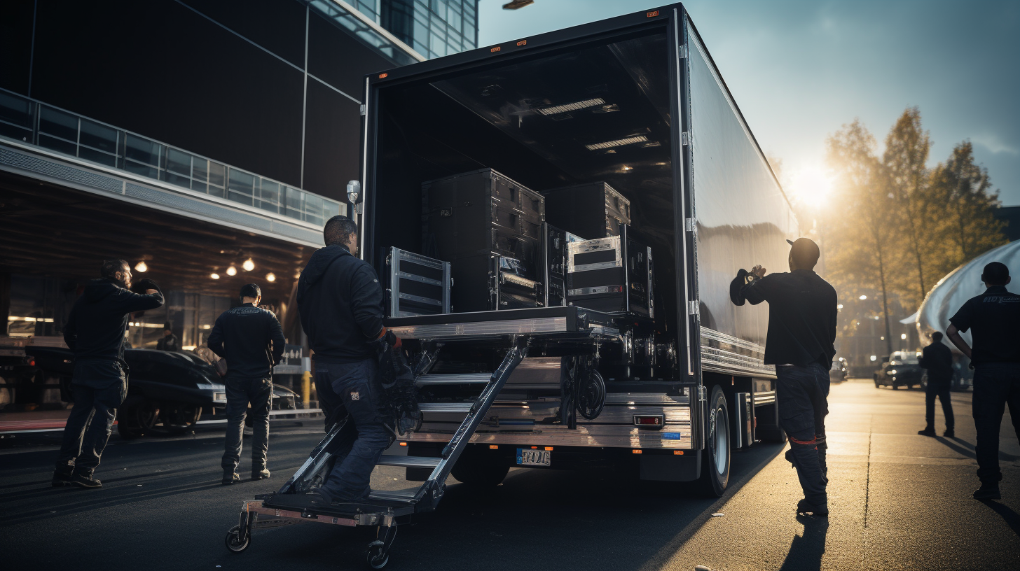 Crew unloading roadcases at concert venue