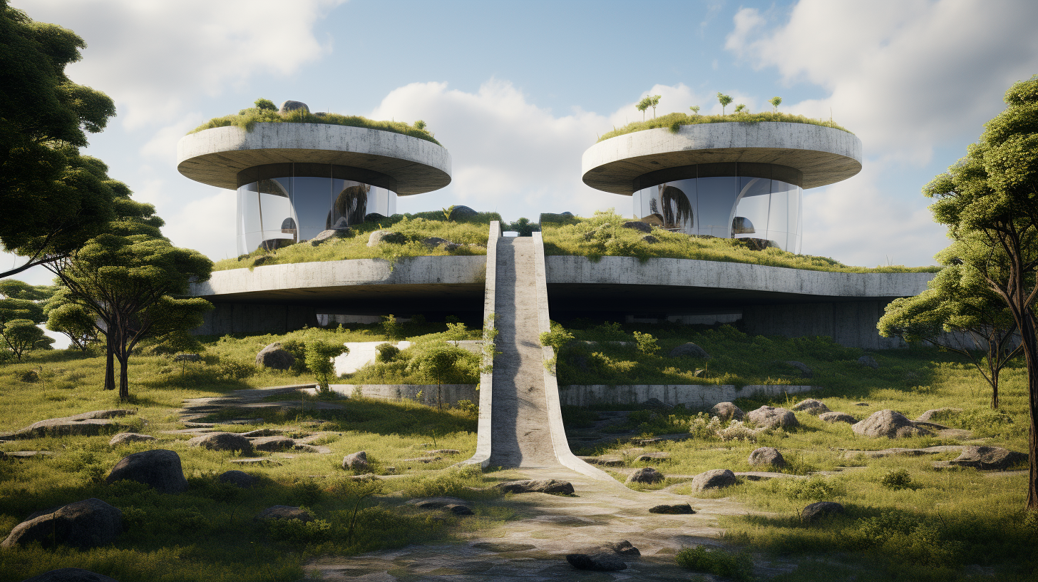 Concrete cylindrical building surrounded by grass mounds