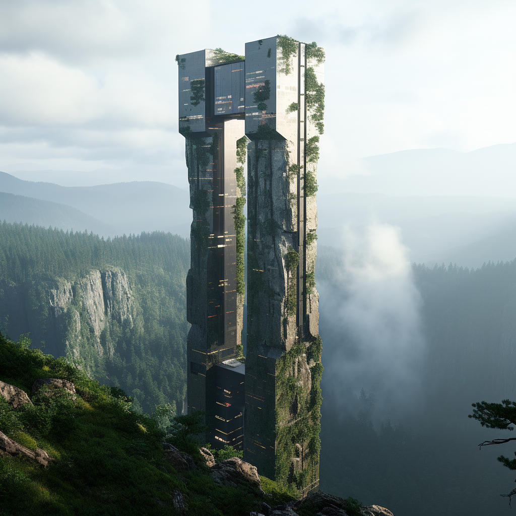 Cinematic shot of concrete lookout tower in forest