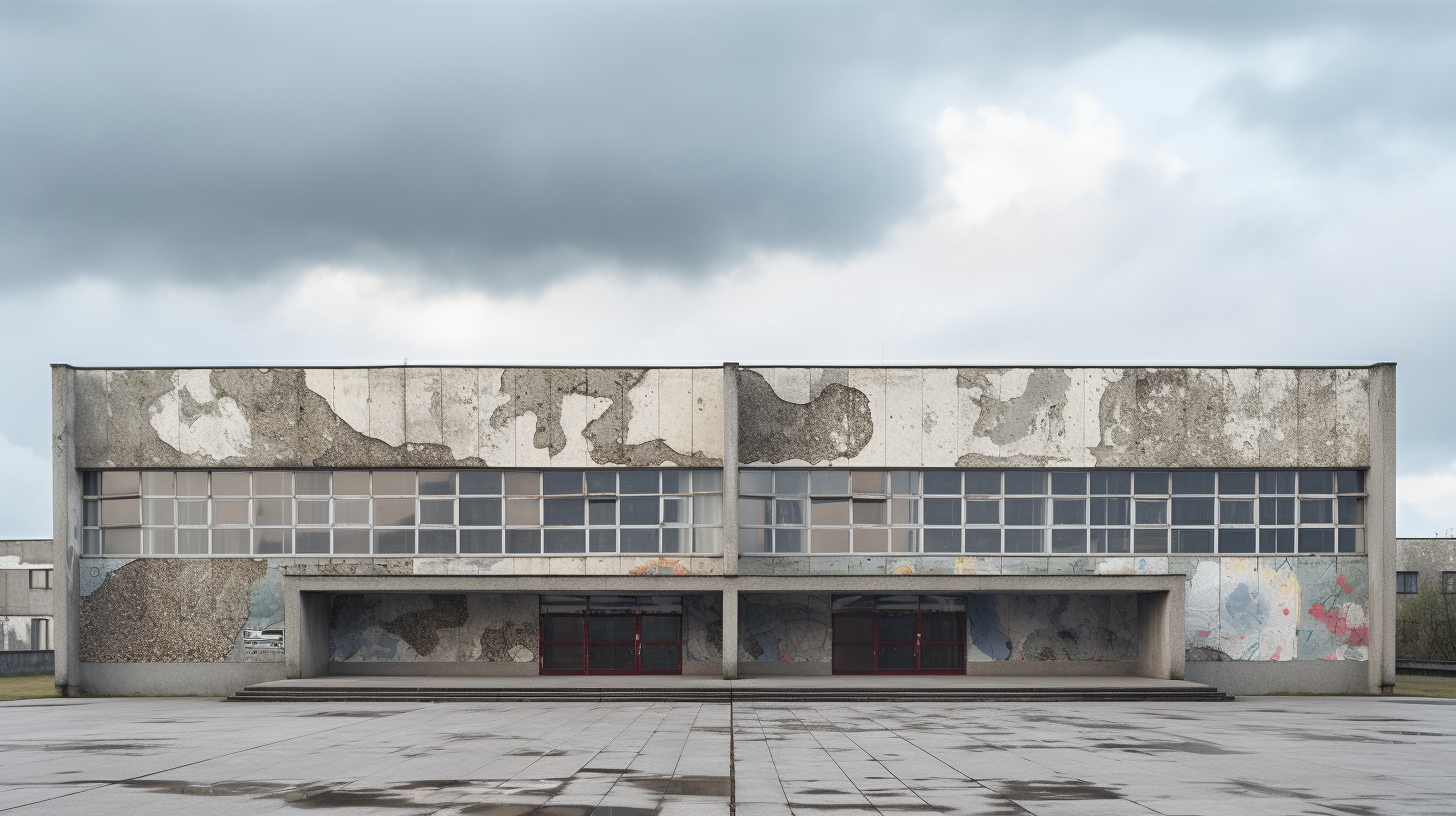 Frontal view of concrete poor school with broken windows