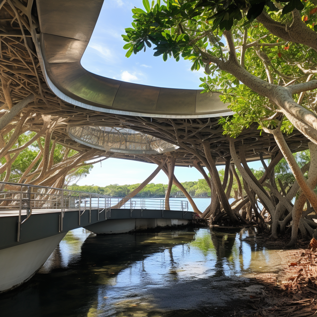 Mangroves and sea surrounding the concrete steel platform