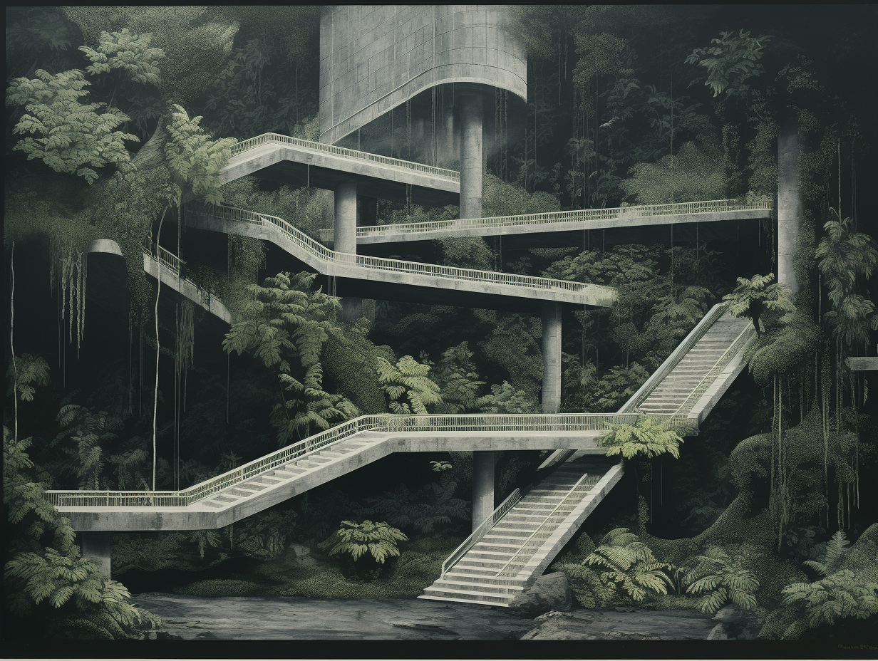 Brutalist concrete structure in tropical forest