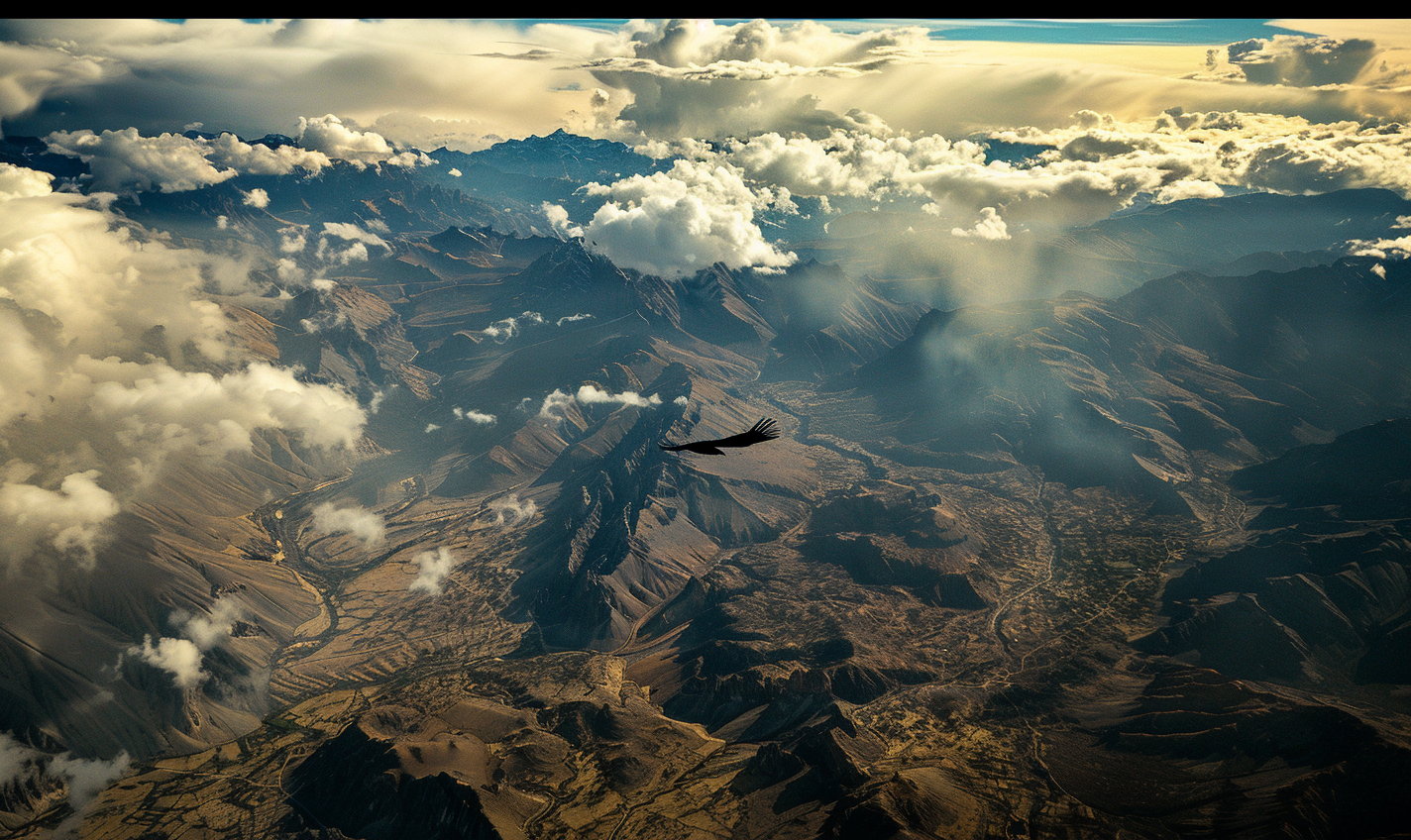 Condor flying in clouds sunrise