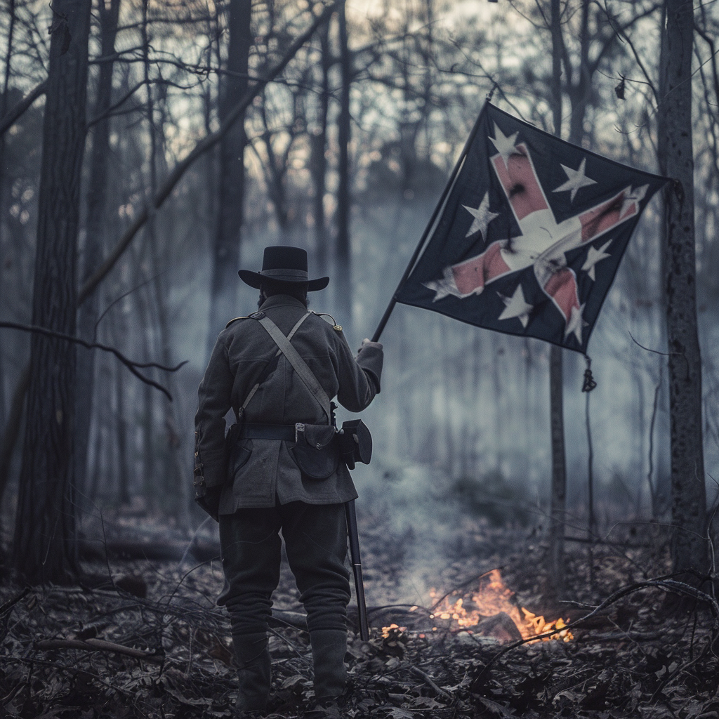 Soldier holding Dixie flag