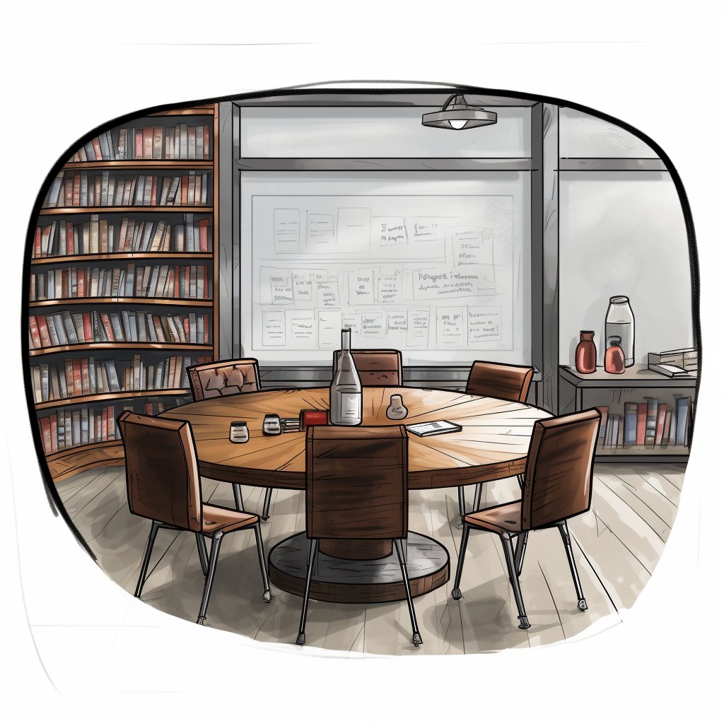 Conference Room with Circular Table, Chairs, and Whiteboard