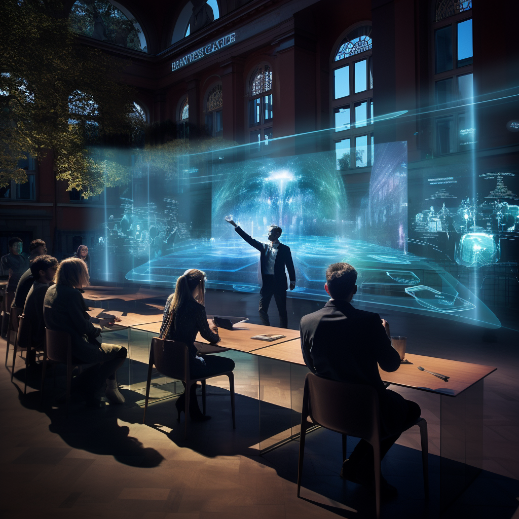 Futuristic conference center with hologram AR technology