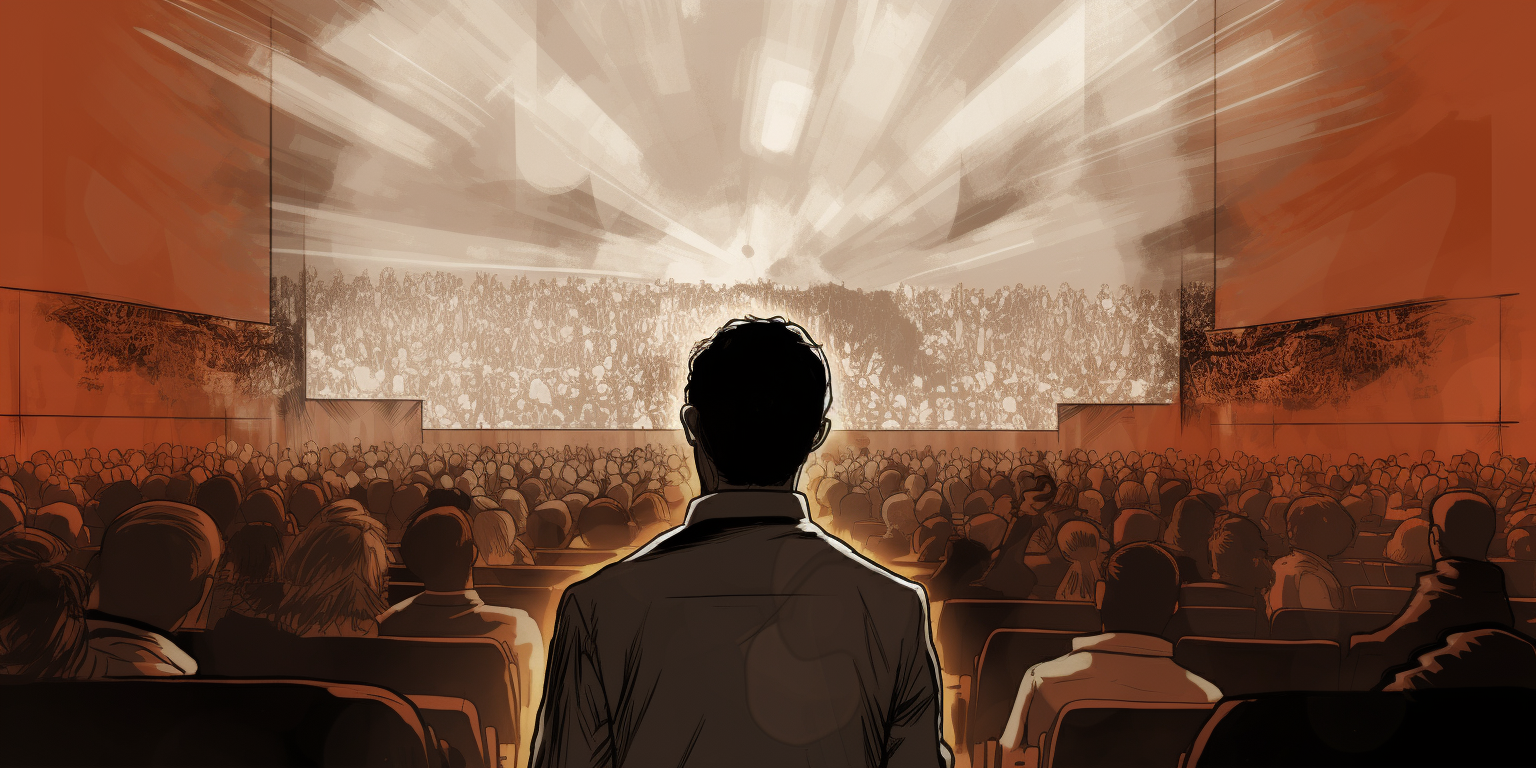 Sketch of conference speaker addressing audience