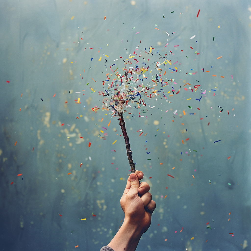 Hand grabbing confetti stick.