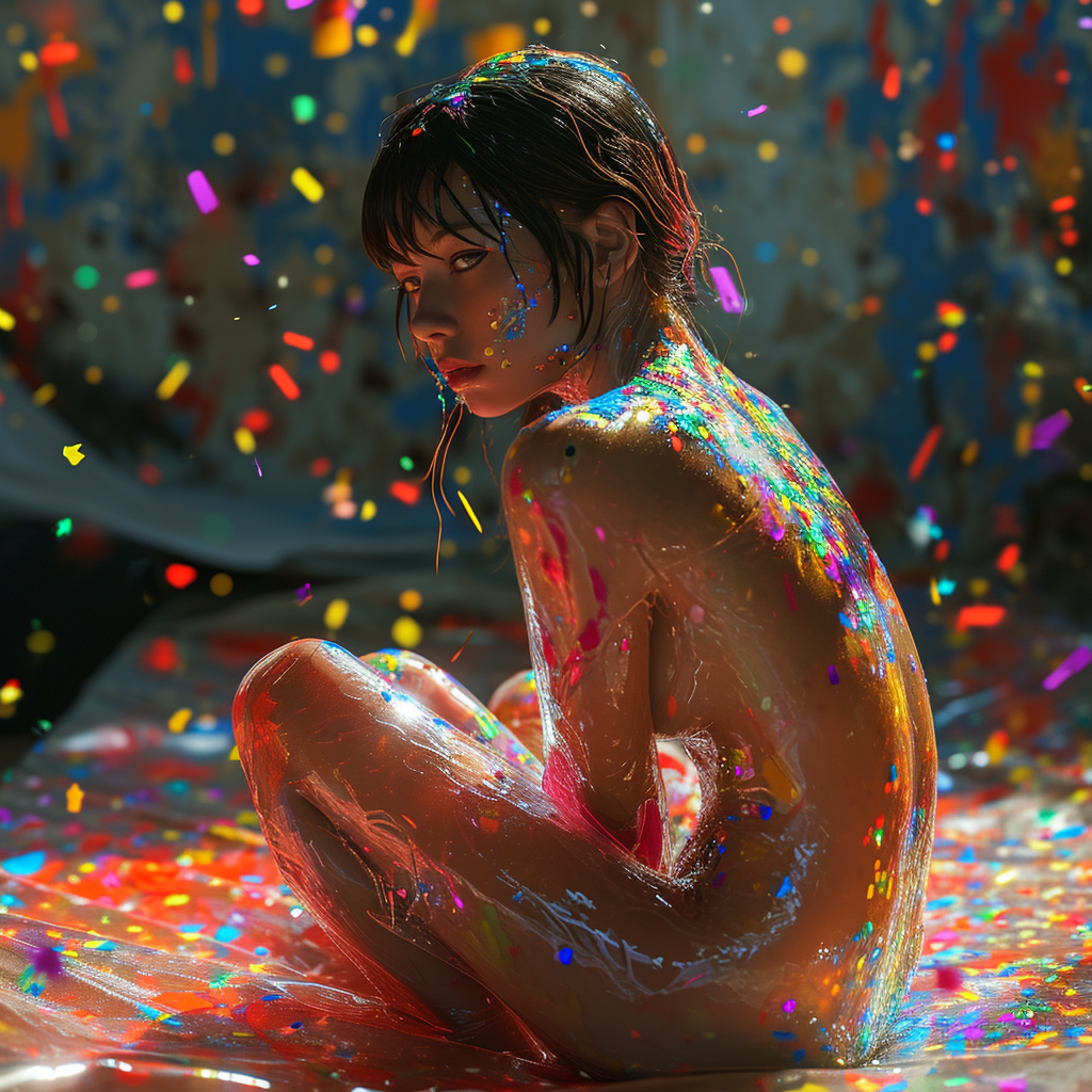 Woman sitting on confetti-covered table