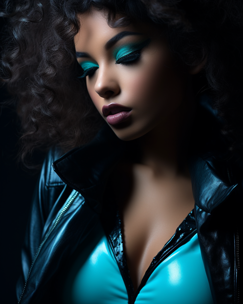 Confident young lady in turquoise blue and black