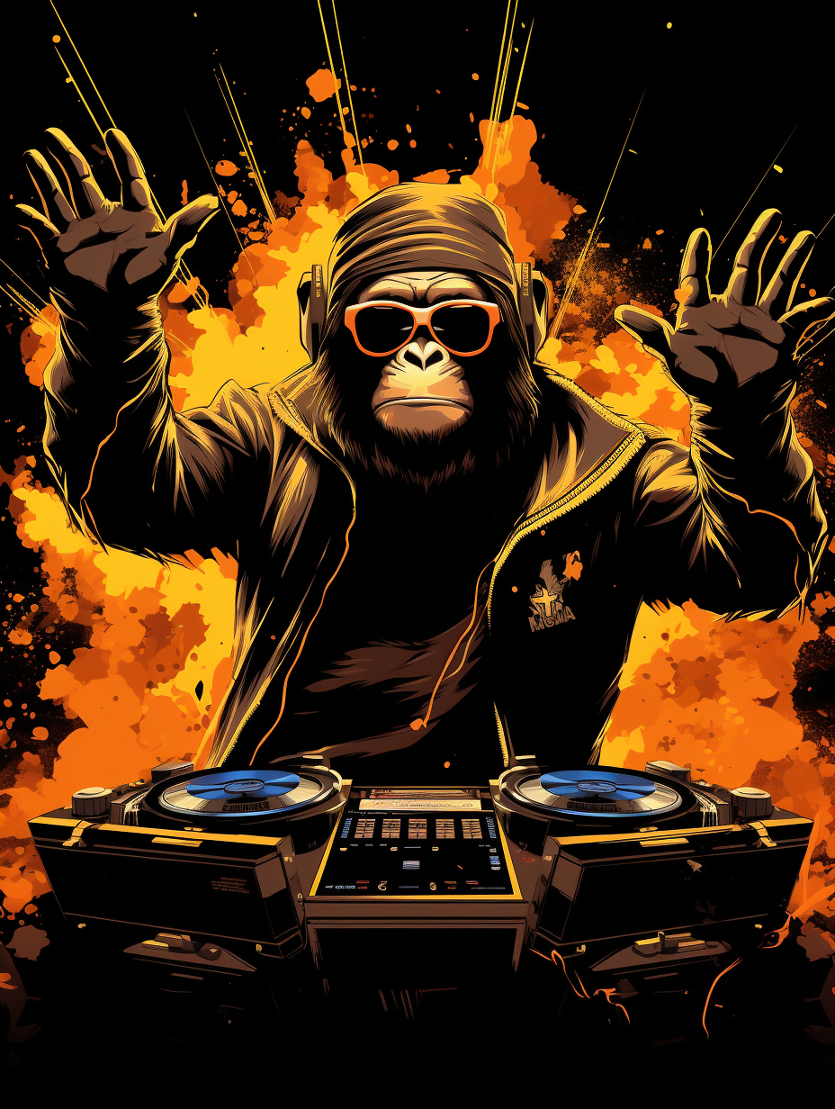 Confident ape DJ wearing sunglasses and headphones