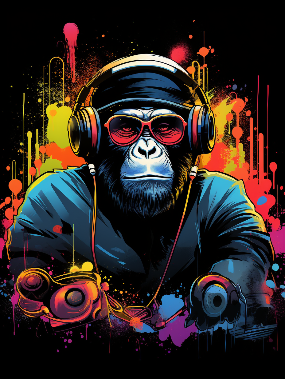 Confident ape DJ wearing sunglasses and headphones, with turntables and a crowd.