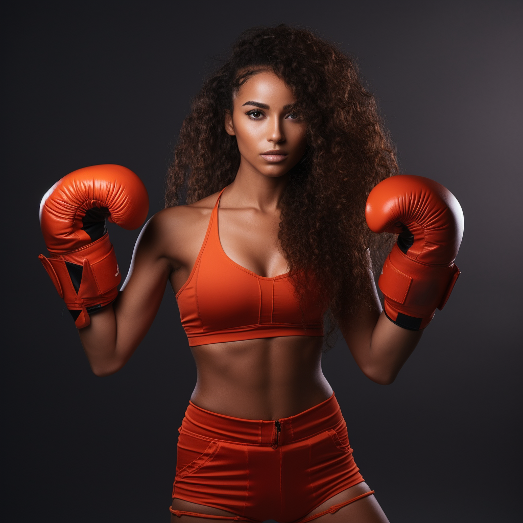 Brown-skinned female boxer in orange outfit hitting punching bag