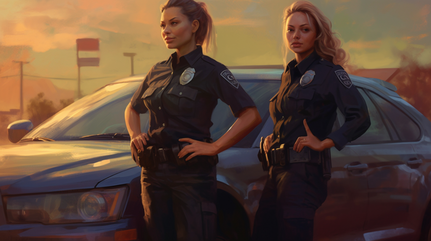 Two confident female cops in upscale subdivision.