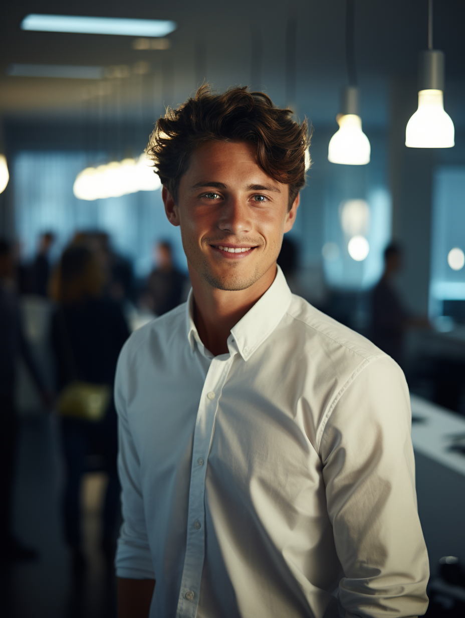 Confident smiling young man in fun tech office