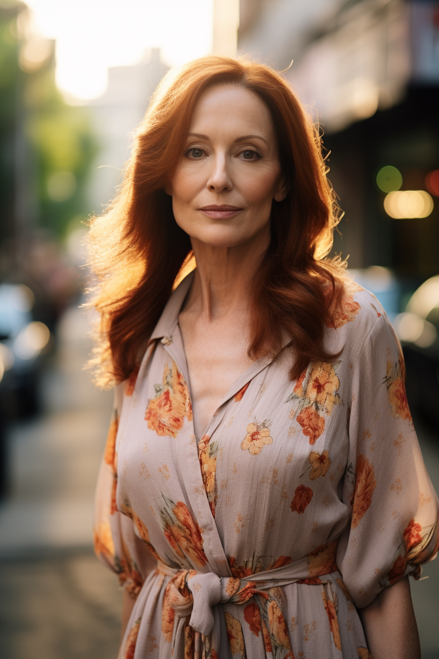 Image of a confident woman with auburn hair walking in a Japanese street