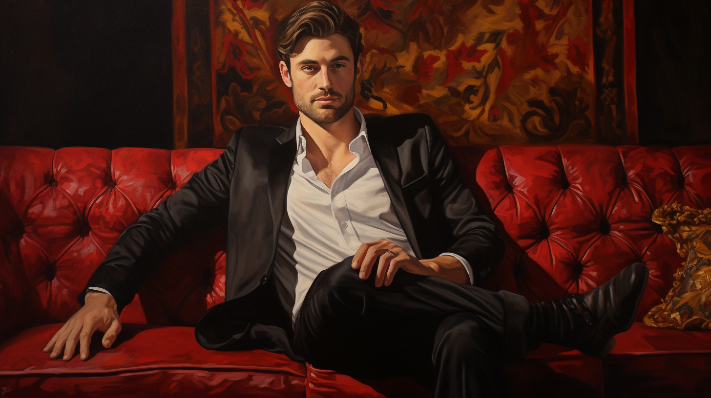 Confident man on red sofa