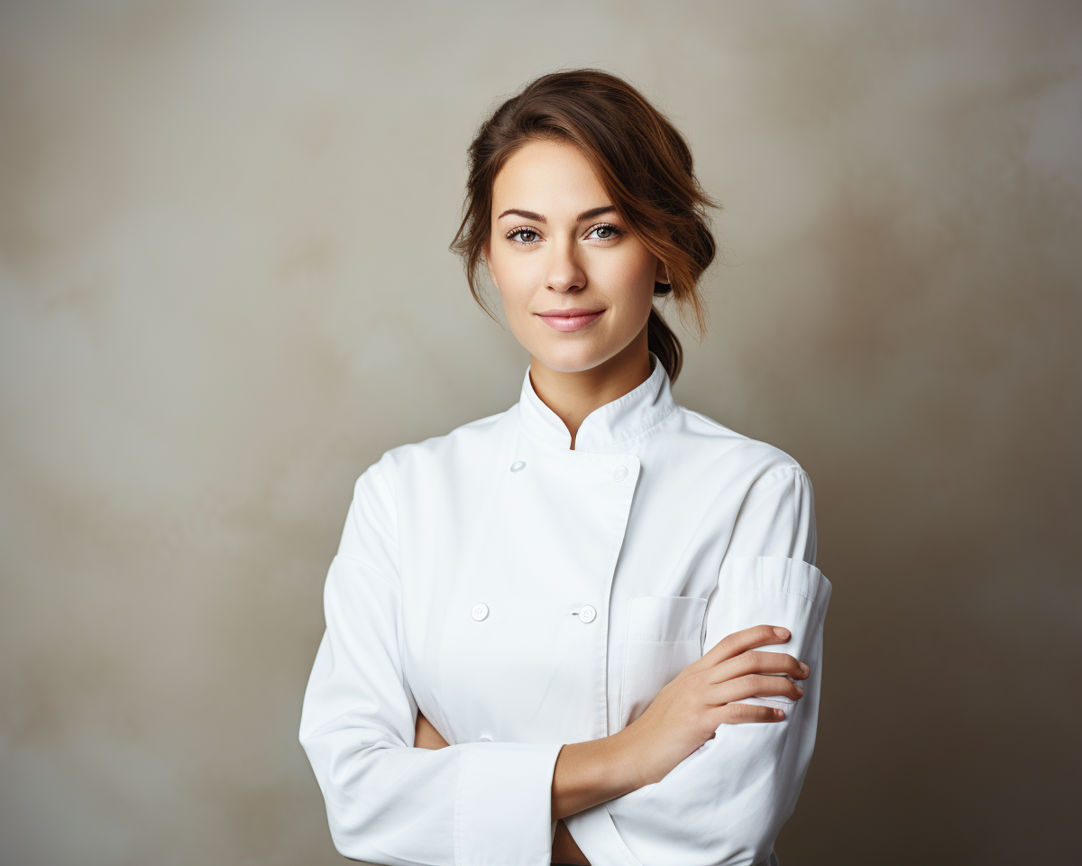 Confident female chef smiling against light background