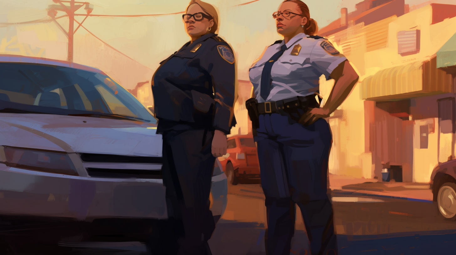 Two confident female police officers talking in upscale subdivision