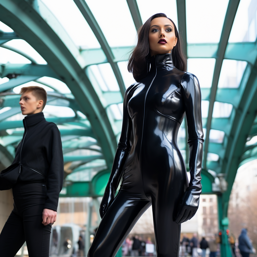 Woman wearing latex outfit with confidence