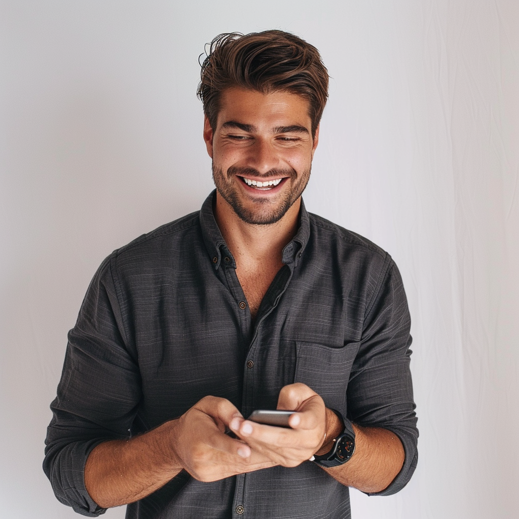 Independent male holding phone smiling