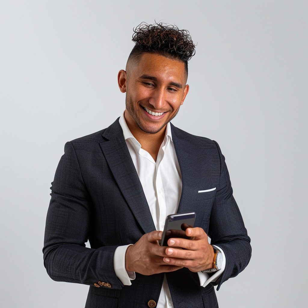 Smiling young man holding phone