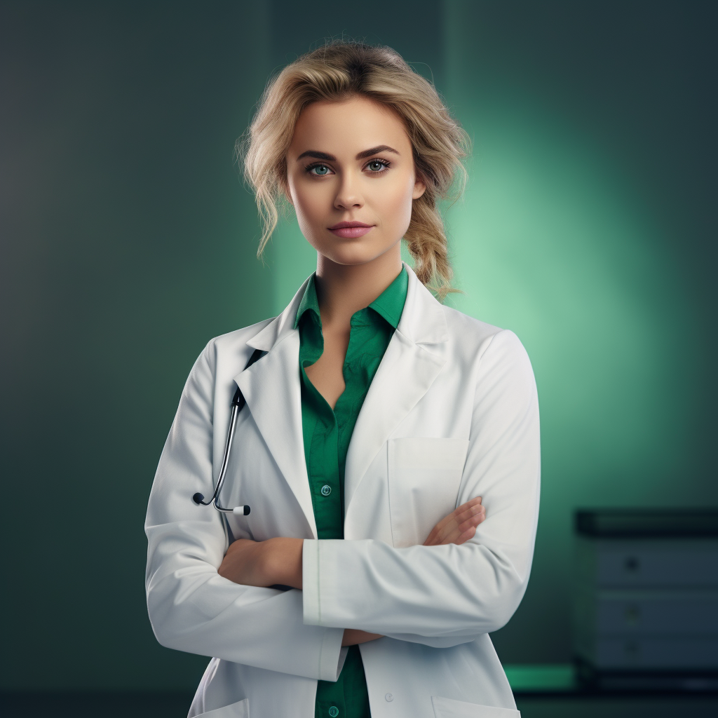 Confident medical girl doctor on green background