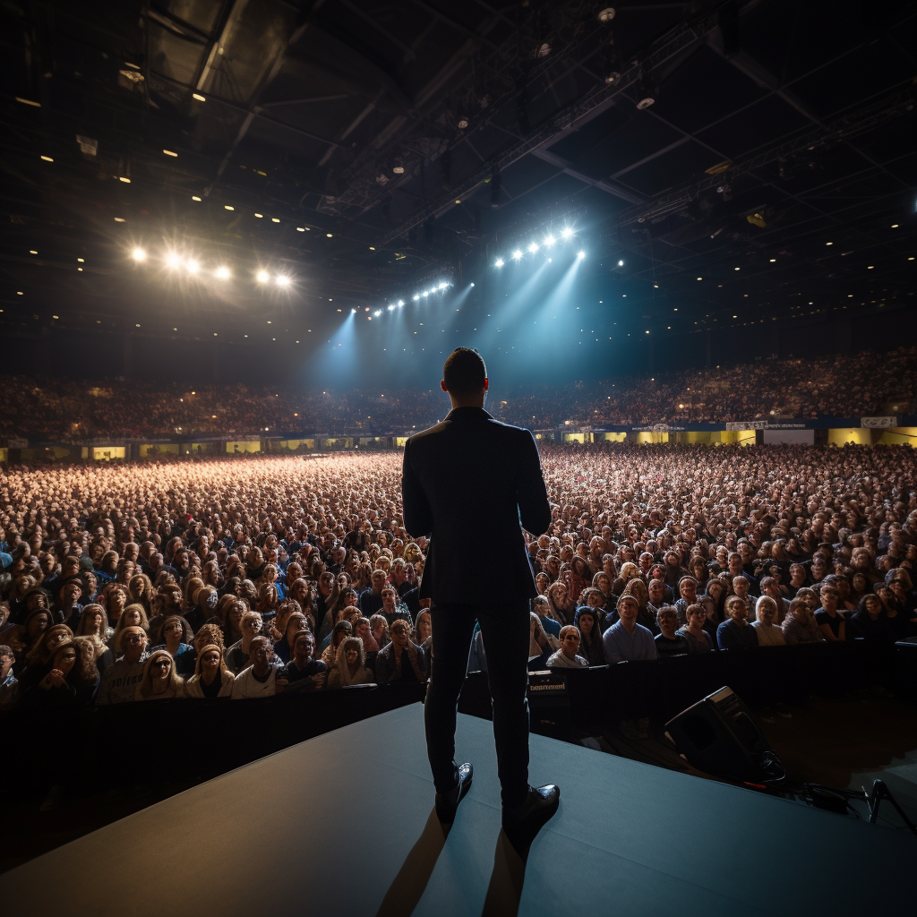 Confident speaker addressing large audience