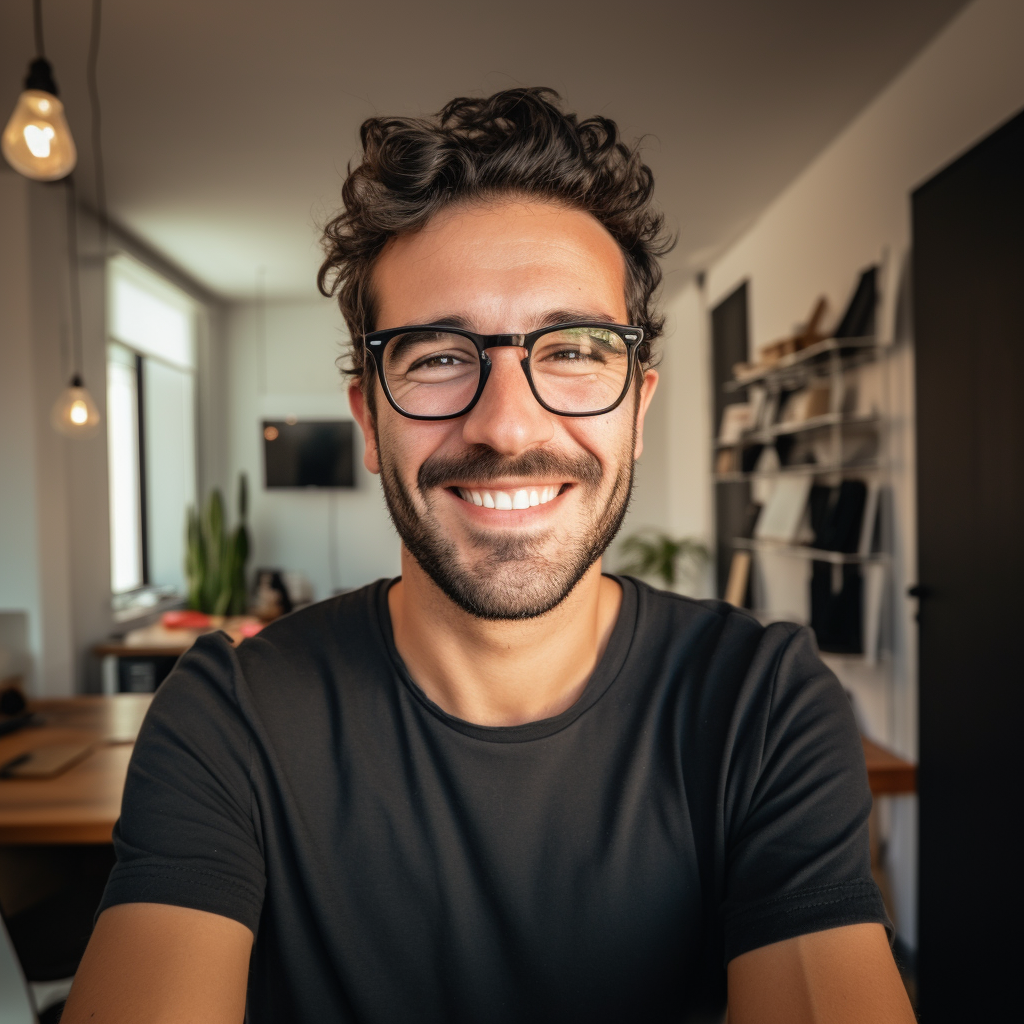 Confident Italian guy in office selfie photo