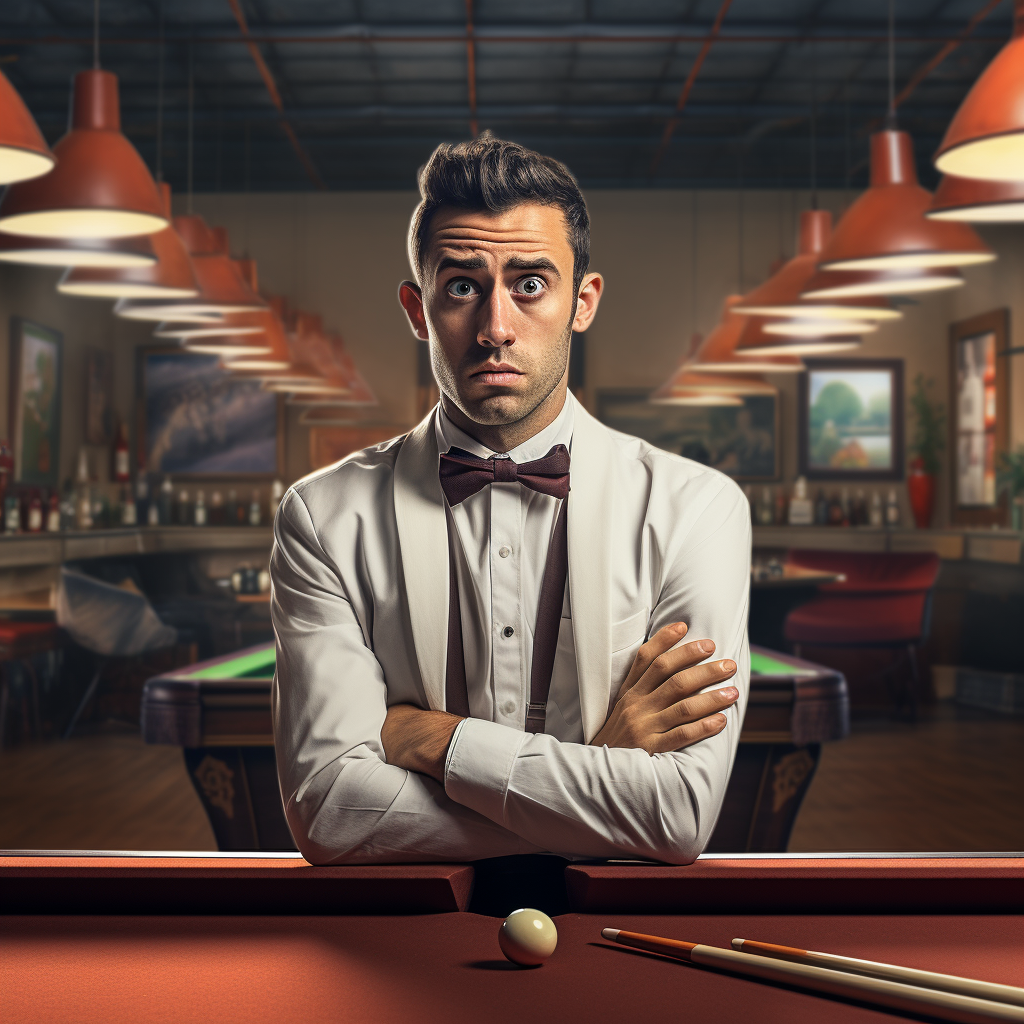 Confused businessman holding billiards cue between two tables