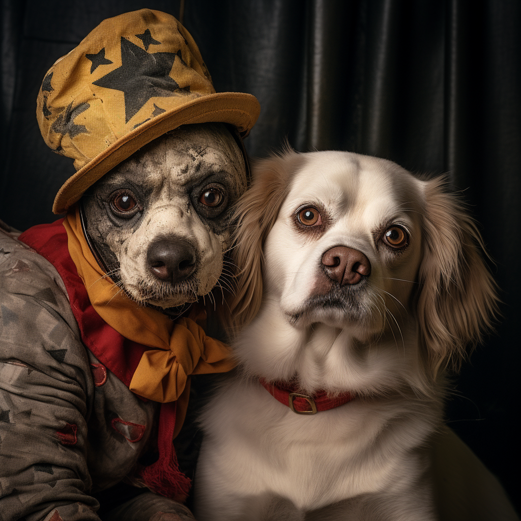 A confused dog looking at a clown