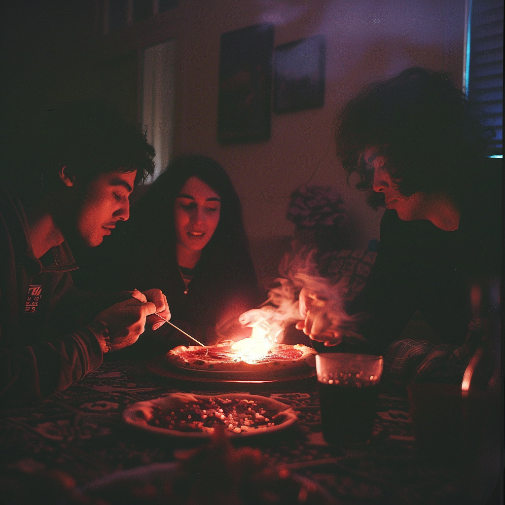 Confused friends with hovering pizza