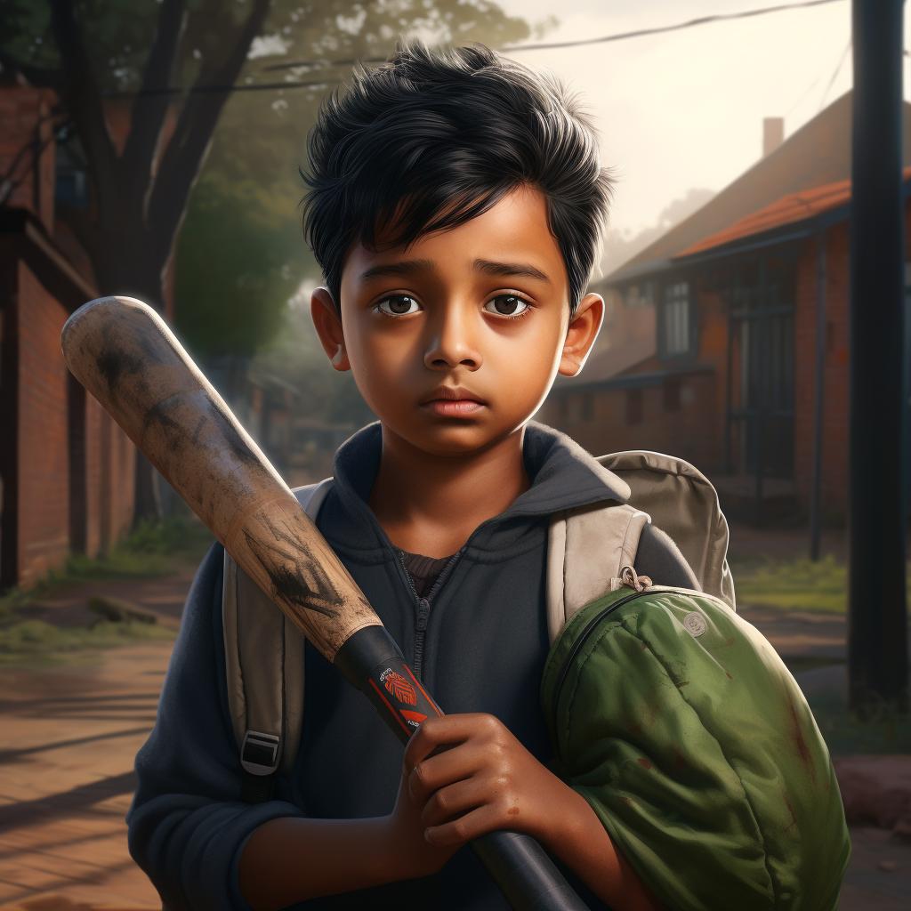 Confused Indian kid with Ben 10 school bag and cricket bat